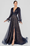 A-line V-neck Floor Length Plunging Neck Natural Waistline Belted Wrap Sheer Back Zipper Long Sleeves Prom Dress with a Brush/Sweep Train