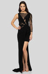 Sophisticated Long Sleeves Bateau Neck Jersey Open-Back Fitted Glittering Sheer Slit Cutout Natural Waistline Sheath Sheath Dress with a Brush/Sweep Train