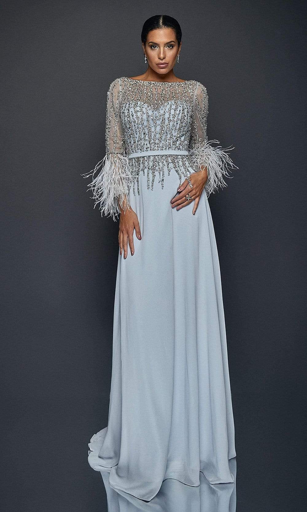 Terani Couture - 1921M0473 Feather-Fringed Quarter Sleeve Jeweled Gown
