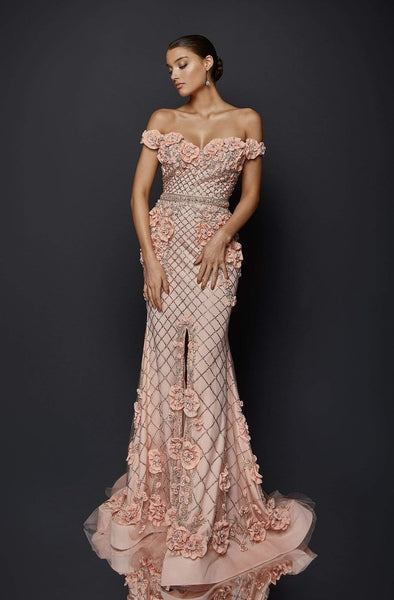 Fall Natural Waistline Off the Shoulder Fitted Slit Embroidered Sweetheart Mermaid Floral Print Evening Dress with a Brush/Sweep Train