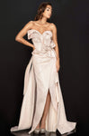 Sophisticated A-line Strapless Asymmetric Slit 2011 Natural Waistline Evening Dress with a Brush/Sweep Train With Ruffles