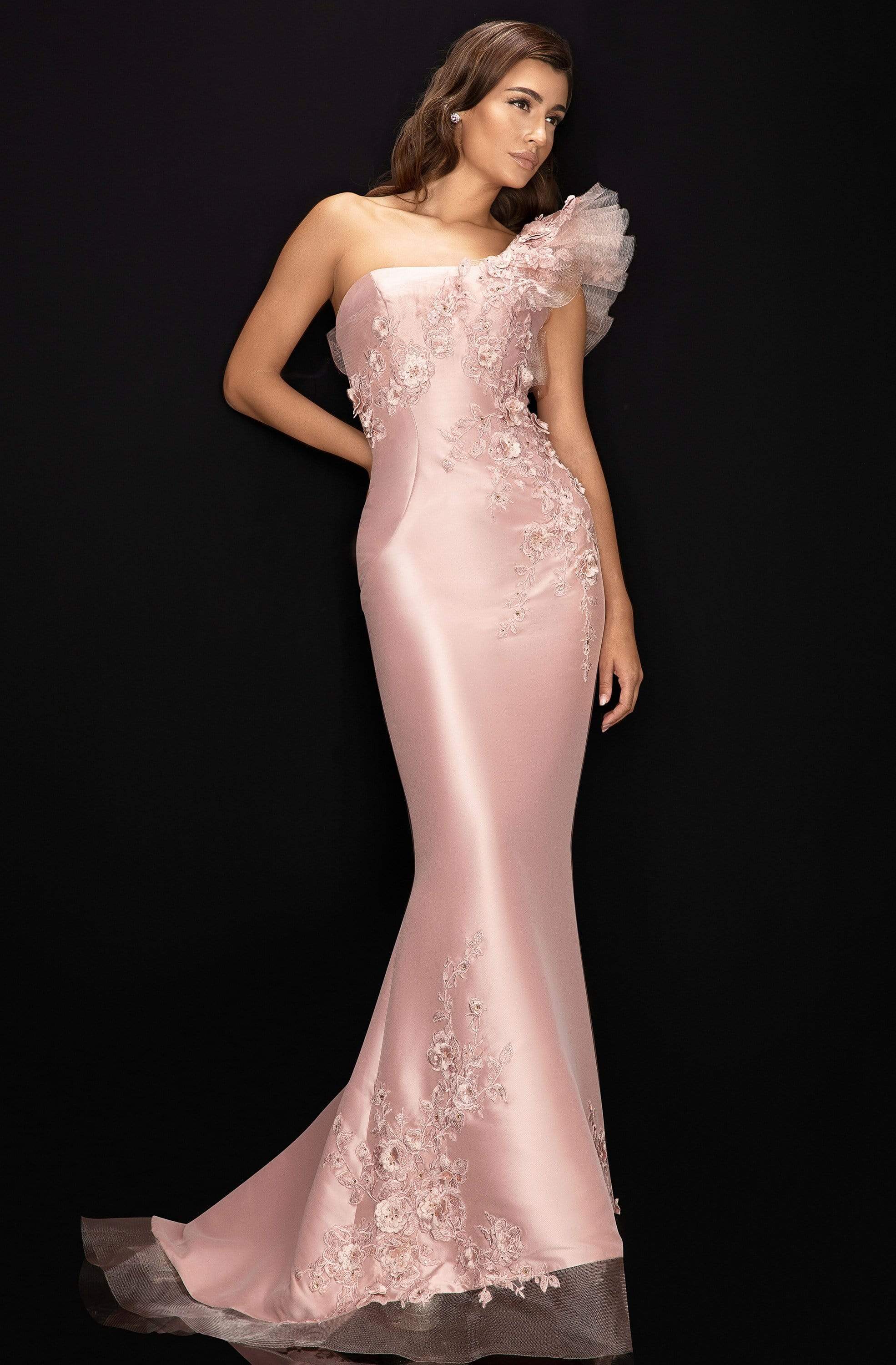 Terani Couture - 2011E2094 Floral Applique One Shoulder Trumpet Dress
