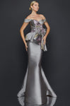 Off the Shoulder 2011 Natural Waistline Peplum Pleated Floral Print Mermaid Evening Dress with a Brush/Sweep Train