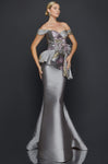 Off the Shoulder Mermaid 2011 Floral Print Pleated Peplum Natural Waistline Evening Dress with a Brush/Sweep Train