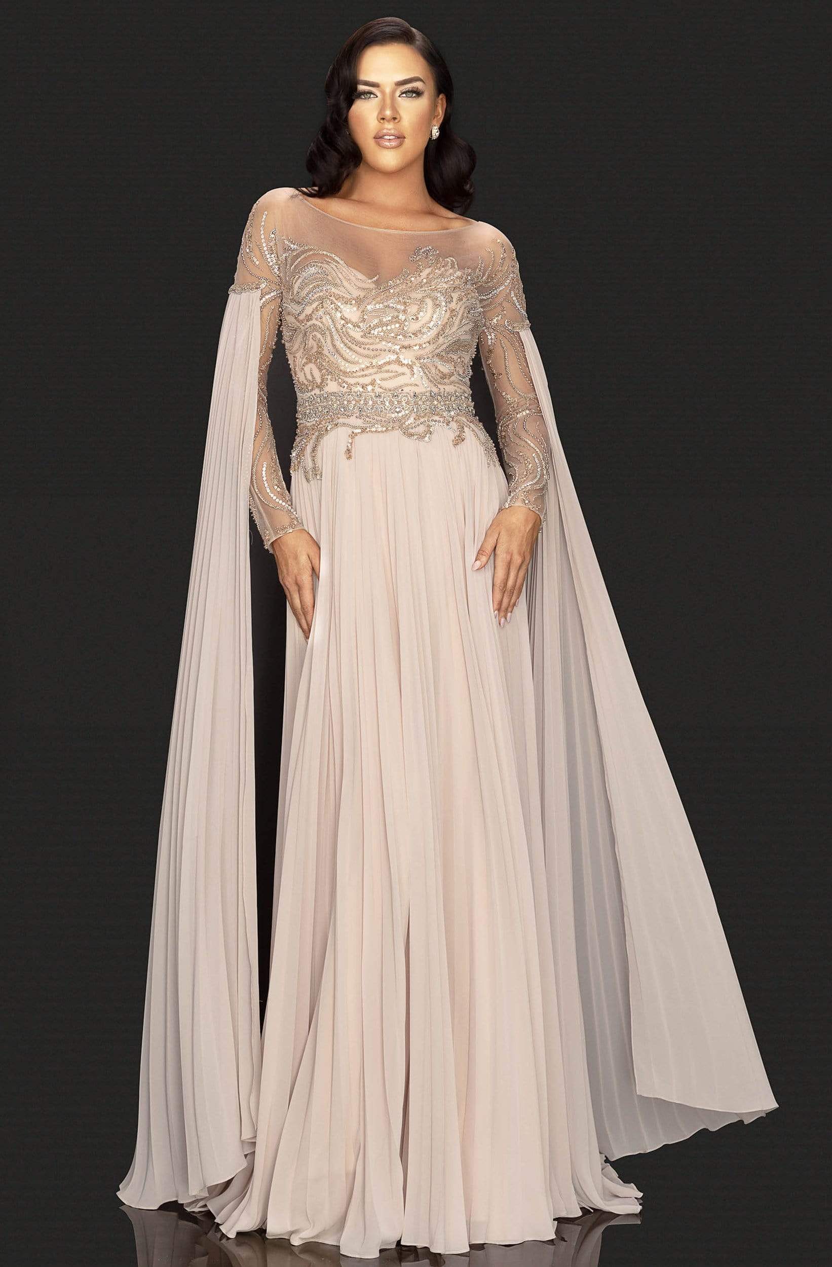 Terani Couture - 2011M2117 Beaded Long Sleeve Pleated Cascade Gown
