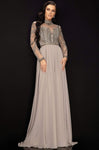 A-line High-Neck Floor Length Long Sleeves Pleated Fitted Sheer 2011 Mother-of-the-Bride Dress with a Brush/Sweep Train