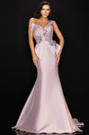 Mermaid 2011 Open-Back Asymmetric Draped Back Zipper Applique Beaded Natural Waistline Floral Print Cap Sleeves One Shoulder Floor Length Evening Dress with a Brush/Sweep Train