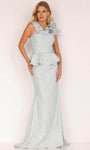 Sophisticated V-neck Natural Waistline 2011 Mermaid Back Zipper Open-Back Draped Asymmetric Wrap Peplum Cap Sleeves Brocade Evening Dress with a Brush/Sweep Train With Ruffles