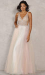 A-line V-neck Sleeveless Tulle Natural Waistline Floor Length Floral Print Glittering Illusion Beaded 2011 Dress