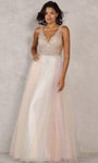 A-line V-neck Glittering Illusion Beaded Sleeveless Tulle Floor Length Floral Print Natural Waistline 2011 Dress