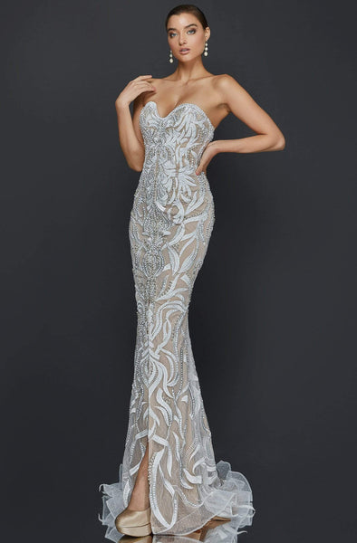 Strapless 2011 Sweetheart Natural Waistline Slit Fitted Open-Back Back Zipper Applique Beaded Mermaid Prom Dress with a Brush/Sweep Train