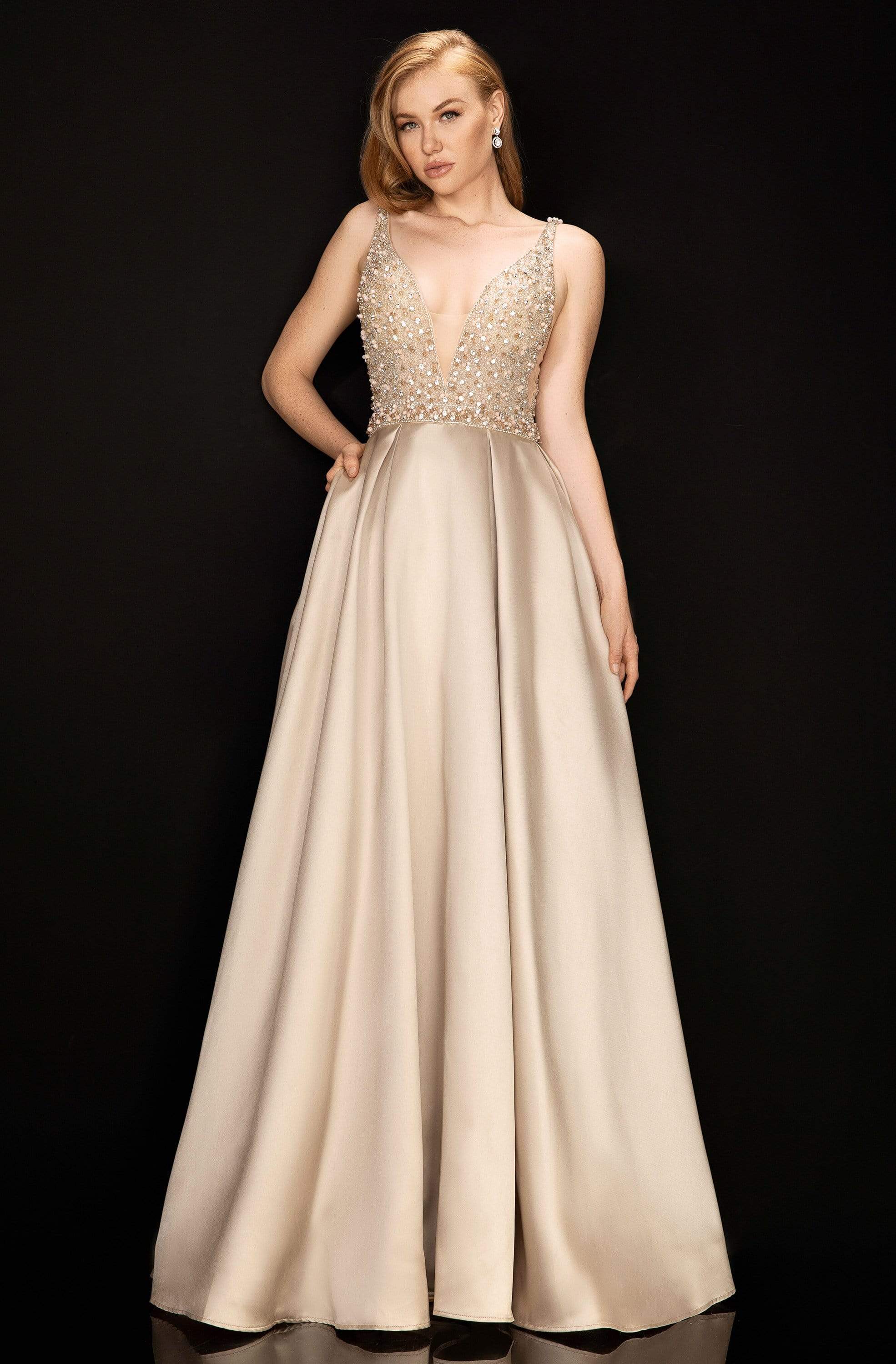 Terani Couture - 2011P1094 Embellished Deep V-neck Pleated A-line Gown
