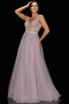 A-line V-neck Beaded Open-Back Applique Portrait Neck 2011 Natural Waistline Sleeveless Tulle Prom Dress with a Brush/Sweep Train