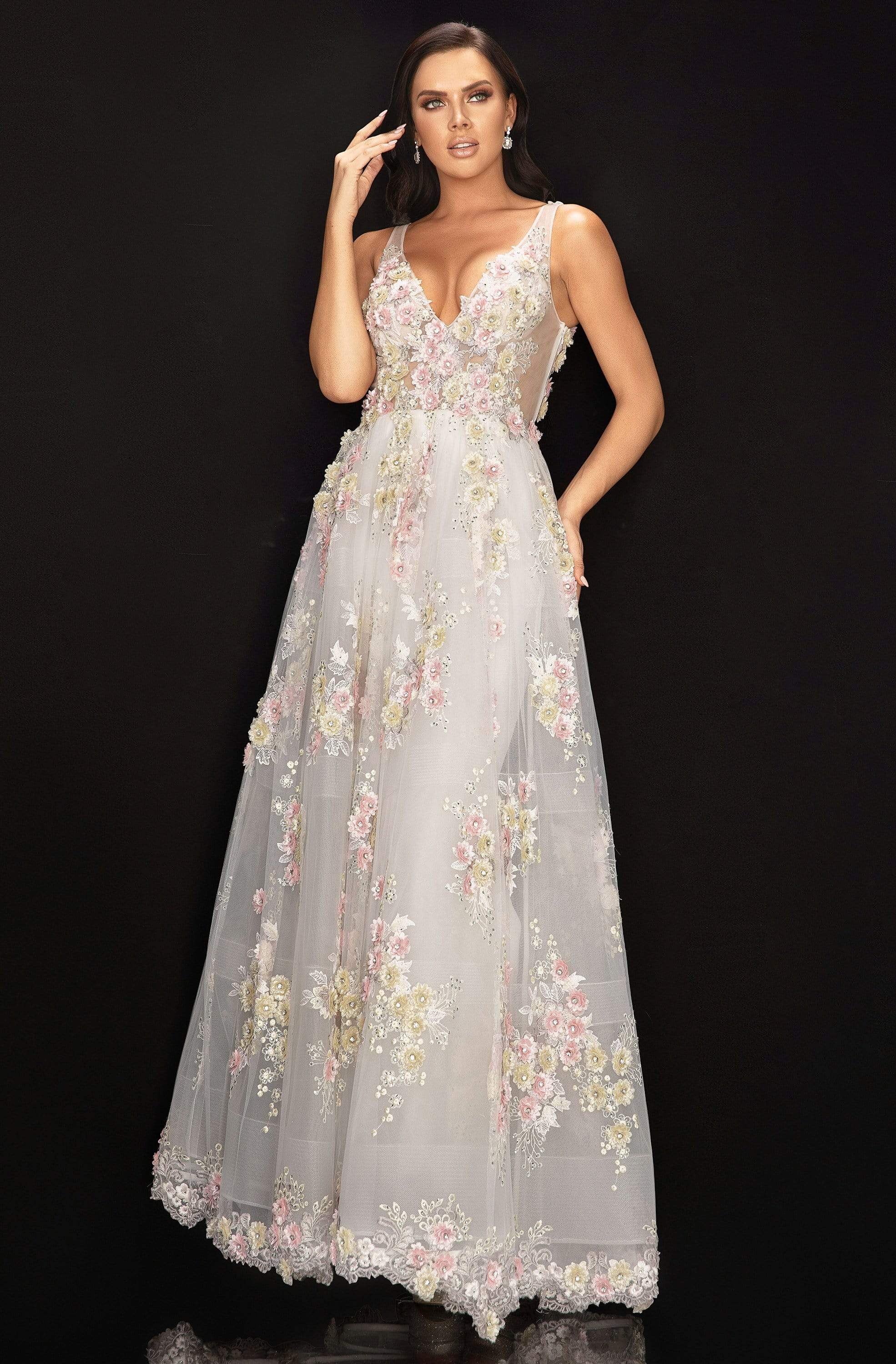 Terani Couture - 2011P1171 Floral Applique Deep V-neck Ballgown
