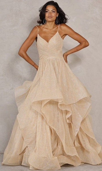 A-line V-neck Natural Waistline Pleated Tiered Ruched Glittering Back Zipper Spaghetti Strap 2011 Dress with a Brush/Sweep Train