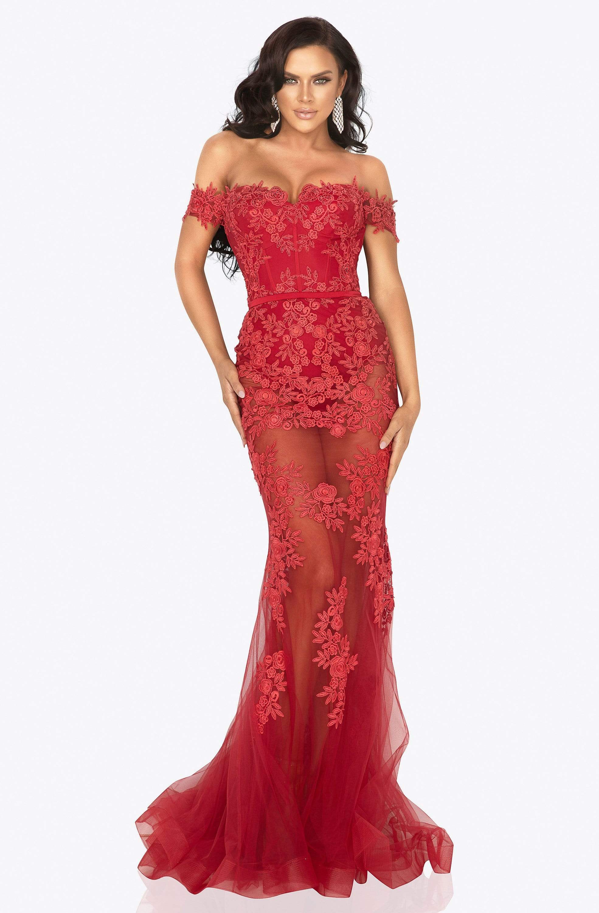 Terani Couture - 2012P1471 Floral Embroidered Off-Shoulder Dress
