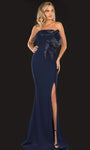 Sophisticated Strapless Straight Neck Sheath Beaded Fitted Slit Applique Hidden Back Zipper Polyester Floor Length Natural Waistline Sheath Dress/Evening Dress with a Brush/Sweep Train With a Ribbon