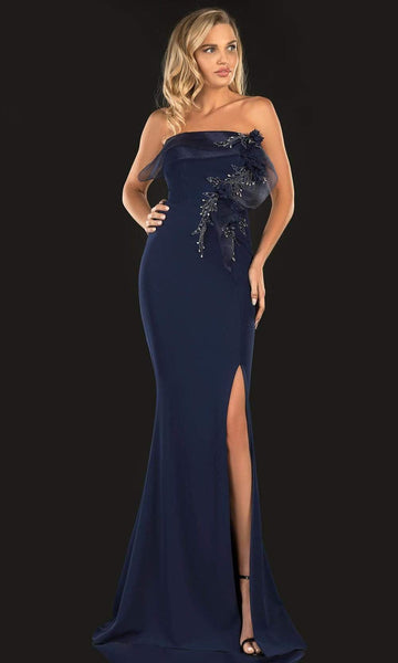 Sophisticated Strapless Sheath Hidden Back Zipper Fitted Slit Beaded Applique Natural Waistline Polyester Floor Length Straight Neck Sheath Dress/Evening Dress with a Brush/Sweep Train With a Ribbon