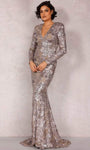 Tall V-neck Natural Waistline Metallic Sequined Beaded Back Zipper Long Sleeves Floral Print Mermaid Evening Dress with a Brush/Sweep Train