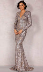 Tall V-neck Metallic Floral Print Long Sleeves Back Zipper Sequined Beaded Natural Waistline Mermaid Evening Dress with a Brush/Sweep Train