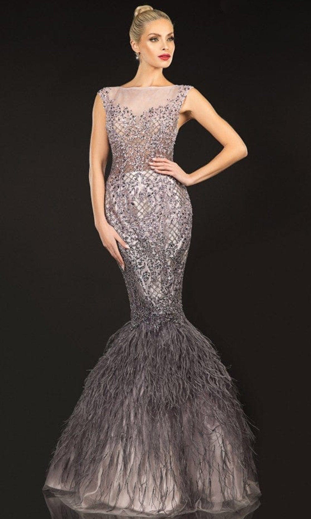 Terani Couture - 2021GL3577 Cap Sleeve Feathered Mermaid Gown
