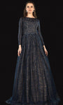 A-line Lace Long Sleeves Natural Waistline Floor Length Pleated Beaded Applique Bateau Neck Evening Dress with a Brush/Sweep Train