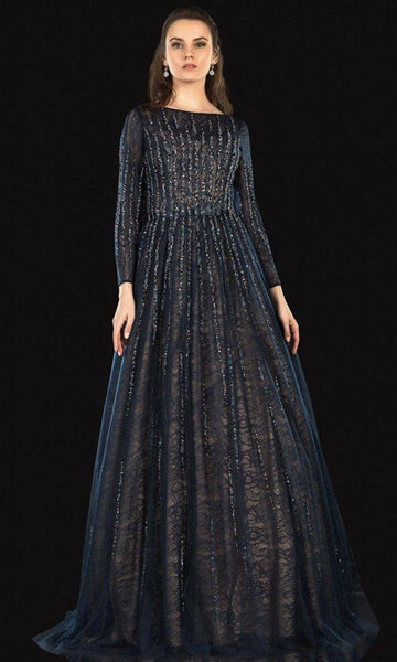 A-line Floor Length Beaded Applique Pleated Lace Natural Waistline Long Sleeves Bateau Neck Evening Dress with a Brush/Sweep Train