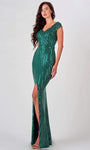 V-neck Floor Length Sheath Natural Waistline Cap Sleeves Sequined Fitted Slit Sheath Dress