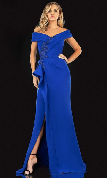 Sophisticated Beaded Hidden Back Zipper Slit Applique Wrap Pleated Off the Shoulder Sheath Natural Waistline Lace Floor Length Sheath Dress/Mother-of-the-Bride Dress with a Brush/Sweep Train