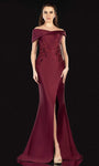 Natural Waistline Mermaid Lace Slit Wrap Applique Collared Floor Length Off the Shoulder Fall Mother-of-the-Bride Dress