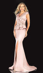V-neck Floral Print Mermaid Natural Waistline Applique Slit Pleated Peplum Embroidered Dress with a Brush/Sweep Train