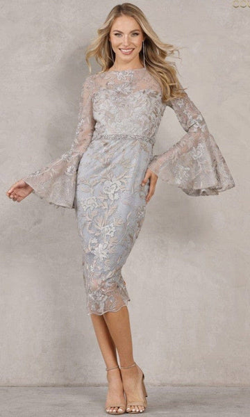 Sheath Bell Sleeves Bateau Neck Sweetheart Lace Back Zipper Fitted Beaded V Back Illusion Floral Print Natural Waistline Tea Length Sheath Dress