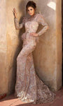 Mermaid Applique Embroidered Sheer Sequined Beaded Illusion Lace Floor Length Jeweled Neck Sweetheart Natural Waistline Long Sleeves Evening Dress with a Brush/Sweep Train