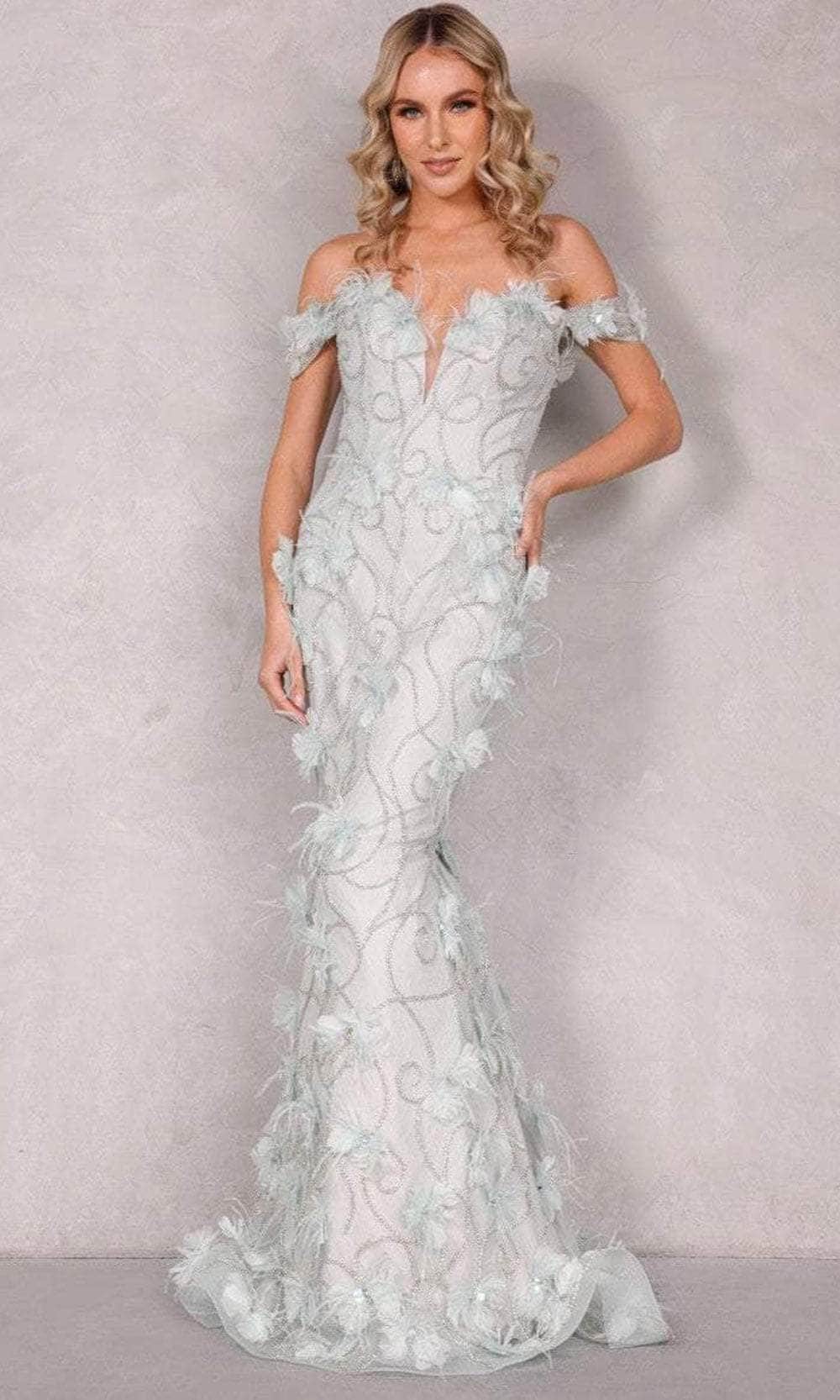 Terani Couture 2027GL3231 - Feather Floral Applique Evening Dress
