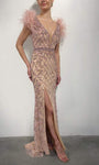 V-neck Sheer Back Zipper Slit Beaded Illusion Cap Sleeves Sheath Plunging Neck Natural Waistline Sheath Dress with a Brush/Sweep Train