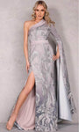 Floor Length Long Sleeves One Shoulder Belted Asymmetric Sequined Slit Sheath Natural Waistline Sheath Dress/Party Dress