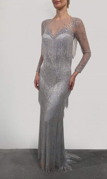 Long Sleeves Sheath Natural Waistline Sheer Back Back Zipper Crystal Jeweled Illusion Beaded Sheer Jeweled Neck Sheath Dress with a Brush/Sweep Train