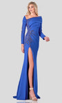 Asymmetric Beaded Ruched Slit Sheath Natural Waistline Long Sleeves Sheath Dress with a Brush/Sweep Train