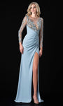 Long Sleeves Beaded Fitted Illusion Mesh Sheer Slit Natural Waistline Sheath Sheath Dress with a Brush/Sweep Train