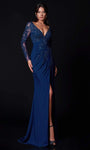 Sophisticated V-neck Plunging Neck Long Sleeves Slit Applique Beaded Fitted Sheath Floor Length Natural Waistline Sheath Dress/Evening Dress with a Brush/Sweep Train