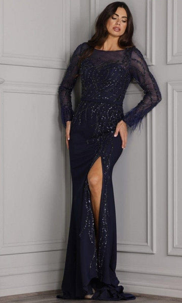 Bateau Neck Sweetheart Fitted Applique Beaded Illusion Slit Back Zipper Belted Sheer Natural Waistline Long Sleeves Sheath Sheath Dress/Evening Dress with a Brush/Sweep Train