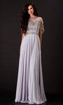 A-line Fitted Back Zipper Jeweled Neck Floor Length Natural Waistline Dress with a Brush/Sweep Train