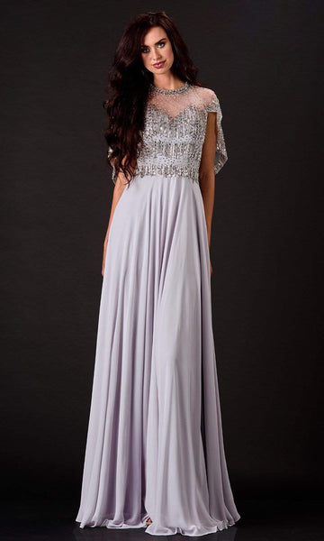 A-line Floor Length Natural Waistline Jeweled Neck Fitted Back Zipper Dress with a Brush/Sweep Train