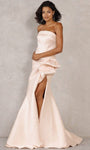 Off the Shoulder Natural Waistline Mermaid Open-Back Draped Slit Back Zipper Straight Neck Dress with a Brush/Sweep Train With a Bow(s) and a Ribbon