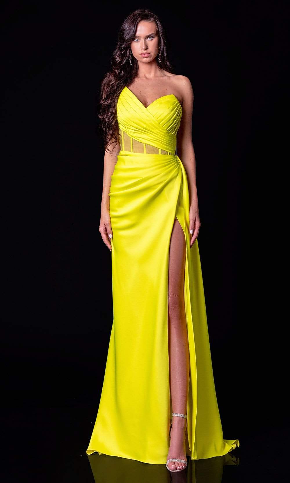Terani Couture - 2111P4020 Pleated V Neck Sheath Dress With Slit

