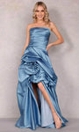 A-line Strapless Gathered Open-Back Slit Ruched Goddess Evening Dress with a Brush/Sweep Train by Terani Prom