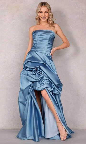 A-line Strapless Straight Neck Natural Waistline Back Zipper Goddess Open-Back Gathered Slit Ruched Floor Length High-Low-Hem Evening Dress with a Brush/Sweep Train With Ruffles