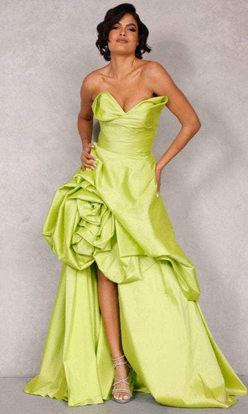 A-line V-neck Strapless Floral Print High-Low-Hem Natural Waistline Open-Back Back Zipper Slit Peplum Ruched Evening Dress with a Brush/Sweep Train With Ruffles