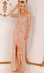 Floor Length Open-Back Fitted Asymmetric Sequined Slit Beaded Lace Sheath One Shoulder Sleeveless Natural Waistline Sheath Dress