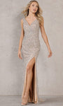 Sexy V-neck Sleeveless Tulle Beaded Open-Back Back Zipper Slit Natural Waistline Striped Print Sheath Sheath Dress with a Brush/Sweep Train